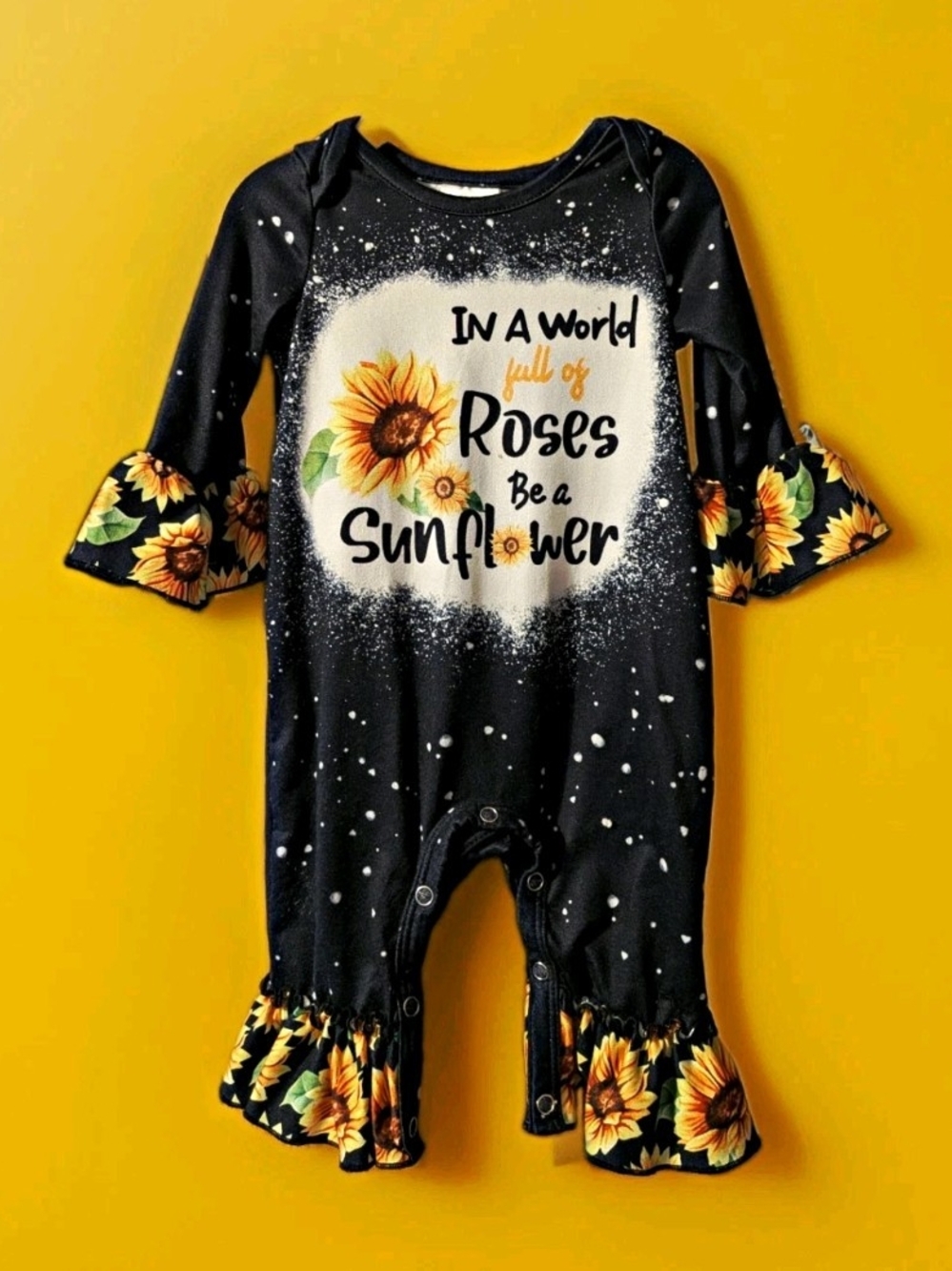 Baby Girls 3-6 Months Black Sunflower Ruffle Romper - Be a Sunflower